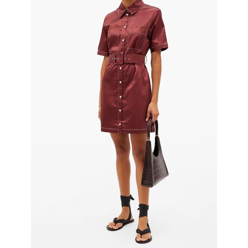 STAUD Bentley Burgundy Satin Short Sleeve Belted Mini Shirt‎ Dress Size M